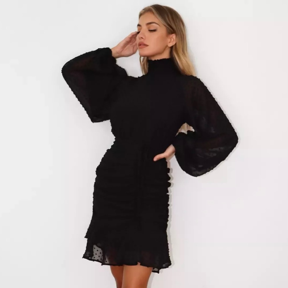 Missguided Black High Neck Lace Ruched Mini Long Sleeve Dress